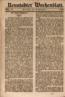 Neustadter Wochenblatt Freitag 13. September 1839