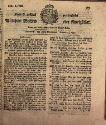 Kurfürstlich gnädigst privilegirte Münchner-Zeitung (Süddeutsche Presse) Mittwoch 26. November 1794