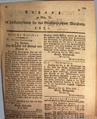 Königlich-baierisches Intelligenzblatt für das Großherzogthum Würzburg (Würzburger Intelligenzblatt) Donnerstag 21. März 1816