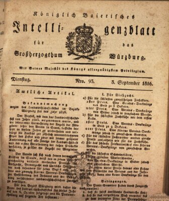 Königlich-baierisches Intelligenzblatt für das Großherzogthum Würzburg (Würzburger Intelligenzblatt) Dienstag 3. September 1816