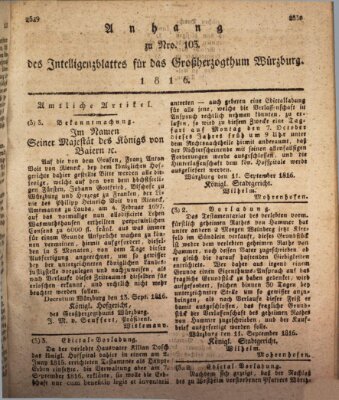 Königlich-baierisches Intelligenzblatt für das Großherzogthum Würzburg (Würzburger Intelligenzblatt) Donnerstag 26. September 1816