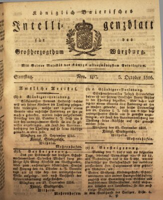 Königlich-baierisches Intelligenzblatt für das Großherzogthum Würzburg (Würzburger Intelligenzblatt) Samstag 5. Oktober 1816