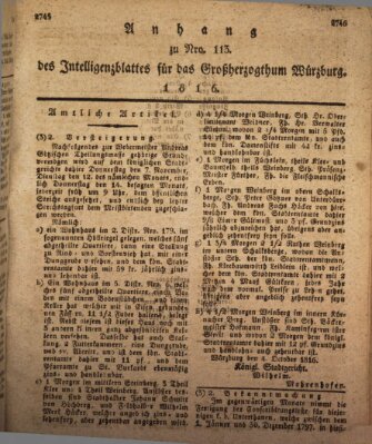 Königlich-baierisches Intelligenzblatt für das Großherzogthum Würzburg (Würzburger Intelligenzblatt) Samstag 19. Oktober 1816