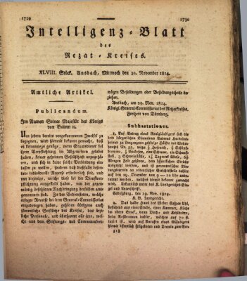 Intelligenzblatt des Rezat-Kreises (Ansbacher Intelligenz-Zeitung) Mittwoch 30. November 1814