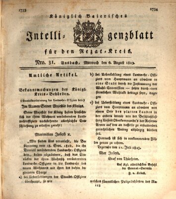 Königlich Bayerisches Intelligenzblatt für den Rezat-Kreis (Ansbacher Intelligenz-Zeitung) Mittwoch 6. August 1823