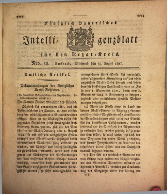 Königlich Bayerisches Intelligenzblatt für den Rezat-Kreis (Ansbacher Intelligenz-Zeitung) Mittwoch 29. August 1827