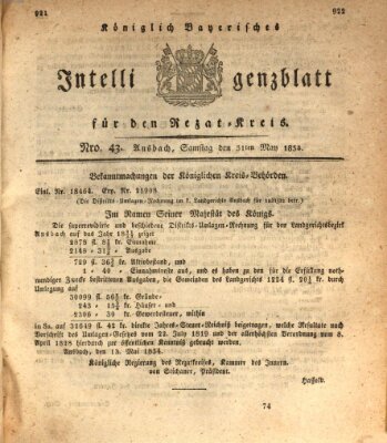 Königlich Bayerisches Intelligenzblatt für den Rezat-Kreis (Ansbacher Intelligenz-Zeitung) Samstag 31. Mai 1834