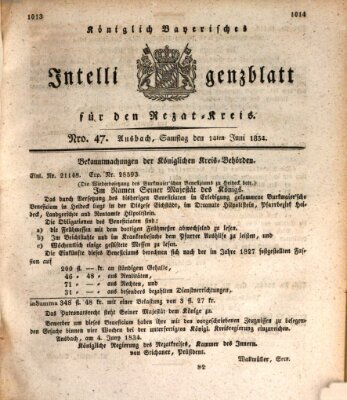 Königlich Bayerisches Intelligenzblatt für den Rezat-Kreis (Ansbacher Intelligenz-Zeitung) Samstag 14. Juni 1834