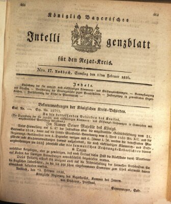 Königlich Bayerisches Intelligenzblatt für den Rezat-Kreis (Ansbacher Intelligenz-Zeitung) Samstag 27. Februar 1836