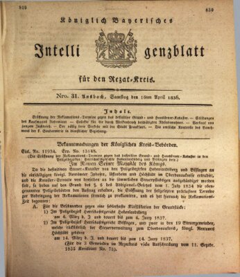 Königlich Bayerisches Intelligenzblatt für den Rezat-Kreis (Ansbacher Intelligenz-Zeitung) Samstag 16. April 1836