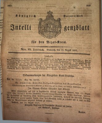 Königlich Bayerisches Intelligenzblatt für den Rezat-Kreis (Ansbacher Intelligenz-Zeitung) Mittwoch 16. August 1837