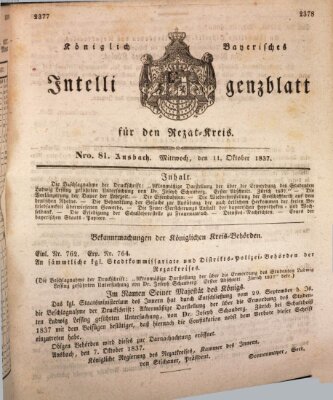 Königlich Bayerisches Intelligenzblatt für den Rezat-Kreis (Ansbacher Intelligenz-Zeitung) Mittwoch 11. Oktober 1837
