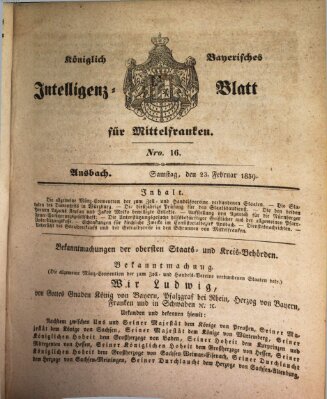 Königlich Bayerisches Intelligenzblatt für Mittelfranken (Ansbacher Intelligenz-Zeitung) Samstag 23. Februar 1839