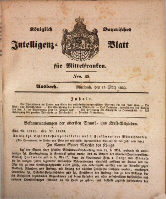 Königlich Bayerisches Intelligenzblatt für Mittelfranken (Ansbacher Intelligenz-Zeitung) Mittwoch 27. März 1839