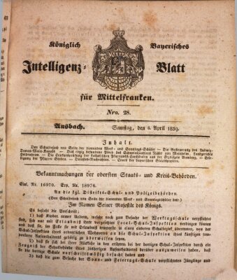 Königlich Bayerisches Intelligenzblatt für Mittelfranken (Ansbacher Intelligenz-Zeitung) Samstag 6. April 1839