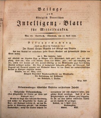 Königlich Bayerisches Intelligenzblatt für Mittelfranken (Ansbacher Intelligenz-Zeitung) Mittwoch 10. April 1839