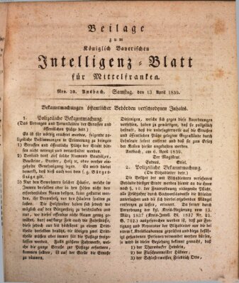 Königlich Bayerisches Intelligenzblatt für Mittelfranken (Ansbacher Intelligenz-Zeitung) Samstag 13. April 1839