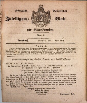 Königlich Bayerisches Intelligenzblatt für Mittelfranken (Ansbacher Intelligenz-Zeitung) Mittwoch 17. April 1839