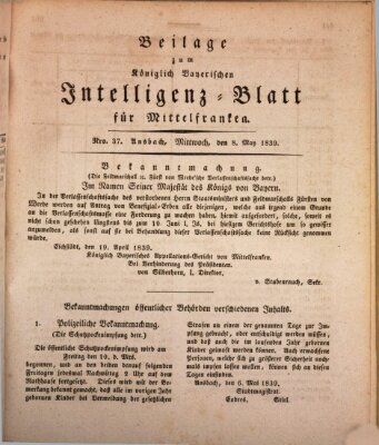 Königlich Bayerisches Intelligenzblatt für Mittelfranken (Ansbacher Intelligenz-Zeitung) Mittwoch 8. Mai 1839