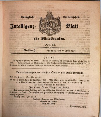 Königlich Bayerisches Intelligenzblatt für Mittelfranken (Ansbacher Intelligenz-Zeitung) Samstag 13. Juli 1839