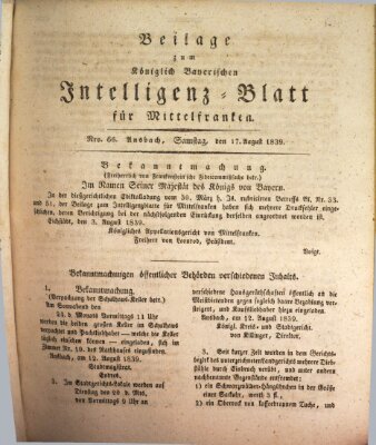 Königlich Bayerisches Intelligenzblatt für Mittelfranken (Ansbacher Intelligenz-Zeitung) Samstag 17. August 1839