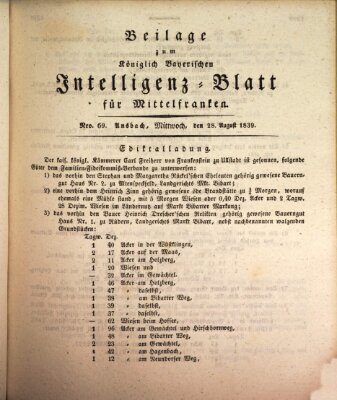 Königlich Bayerisches Intelligenzblatt für Mittelfranken (Ansbacher Intelligenz-Zeitung) Mittwoch 28. August 1839