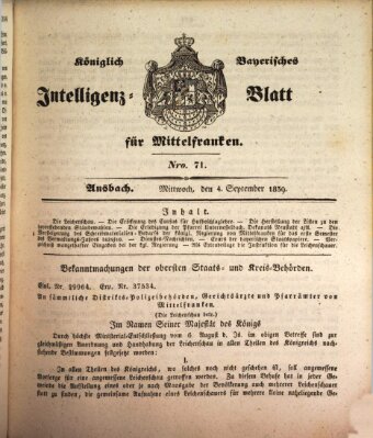 Königlich Bayerisches Intelligenzblatt für Mittelfranken (Ansbacher Intelligenz-Zeitung) Mittwoch 4. September 1839