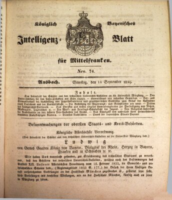 Königlich Bayerisches Intelligenzblatt für Mittelfranken (Ansbacher Intelligenz-Zeitung) Samstag 14. September 1839