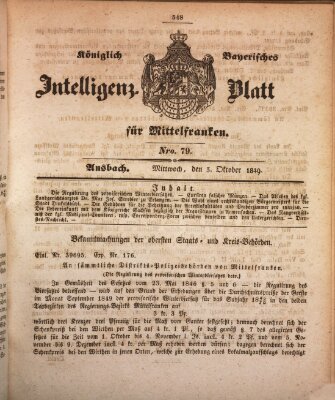Königlich Bayerisches Intelligenzblatt für Mittelfranken (Ansbacher Intelligenz-Zeitung) Mittwoch 3. Oktober 1849
