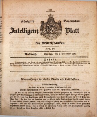 Königlich Bayerisches Intelligenzblatt für Mittelfranken (Ansbacher Intelligenz-Zeitung) Samstag 1. Dezember 1849