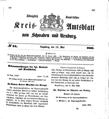 Königlich Bayerisches Kreis-Amtsblatt von Schwaben und Neuburg Samstag 16. Mai 1868