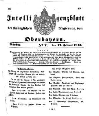 Intelligenzblatt der Königlichen Regierung von Oberbayern (Münchner Intelligenzblatt) Freitag 17. Februar 1843