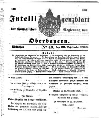 Intelligenzblatt der Königlichen Regierung von Oberbayern (Münchner Intelligenzblatt) Freitag 29. September 1843