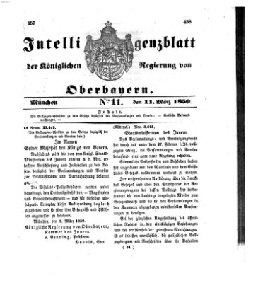 Intelligenzblatt der Königlichen Regierung von Oberbayern (Münchner Intelligenzblatt) Montag 11. März 1850