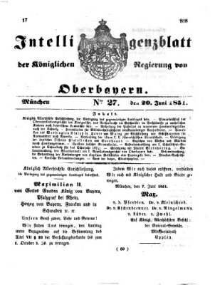 Intelligenzblatt der Königlichen Regierung von Oberbayern (Münchner Intelligenzblatt) Freitag 20. Juni 1851