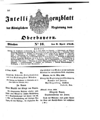 Intelligenzblatt der Königlichen Regierung von Oberbayern (Münchner Intelligenzblatt) Freitag 9. April 1852