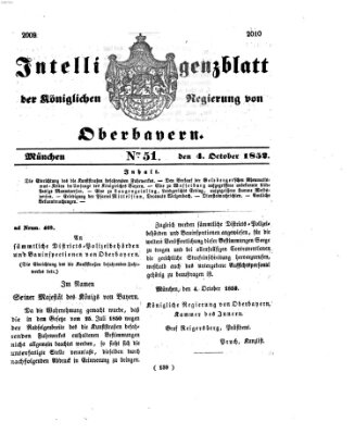 Intelligenzblatt der Königlichen Regierung von Oberbayern (Münchner Intelligenzblatt) Montag 4. Oktober 1852