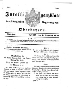 Intelligenzblatt der Königlichen Regierung von Oberbayern (Münchner Intelligenzblatt) Samstag 6. November 1852