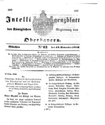 Intelligenzblatt der Königlichen Regierung von Oberbayern (Münchner Intelligenzblatt) Freitag 19. November 1852