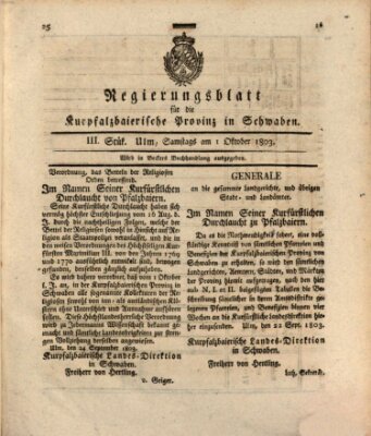 Regierungsblatt für die Kurpfalzbaierische Provinz in Schwaben Samstag 1. Oktober 1803