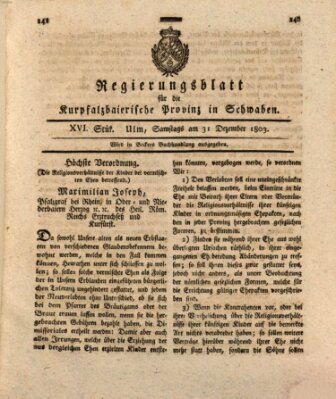 Regierungsblatt für die Kurpfalzbaierische Provinz in Schwaben Samstag 31. Dezember 1803