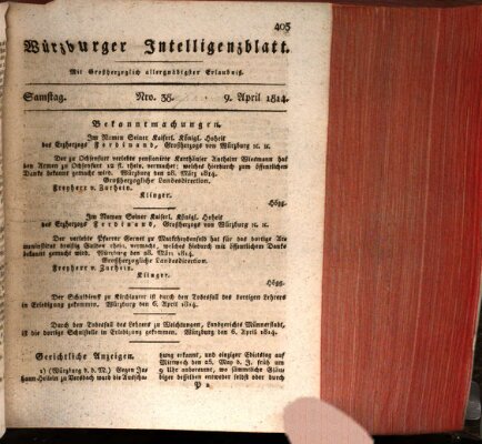 Würzburger Intelligenzblatt Samstag 9. April 1814