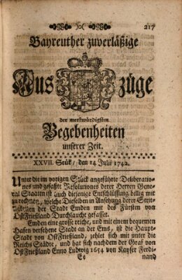 Bayreuther zuverläßige Auszüge derer merkwuerdigsten Begebenheiten unserer Zeit ... Samstag 14. Juli 1742