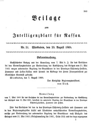 Intelligenzblatt für Nassau (Herzoglich-nassauisches allgemeines Intelligenzblatt) Donnerstag 20. August 1868
