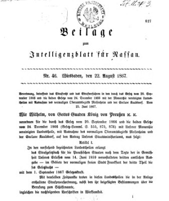 Intelligenzblatt für Nassau (Herzoglich-nassauisches allgemeines Intelligenzblatt) Donnerstag 22. August 1867