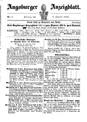 Augsburger Anzeigeblatt Freitag 2. Januar 1852