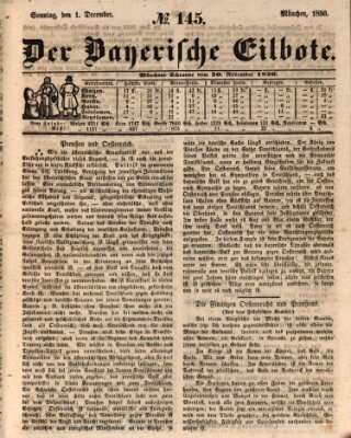 Baierscher Eilbote (Münchener Bote für Stadt und Land) Sonntag 1. Dezember 1850