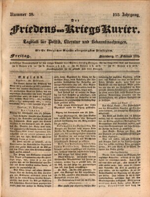 Der Friedens- u. Kriegs-Kurier (Nürnberger Friedens- und Kriegs-Kurier) Freitag 27. Februar 1829