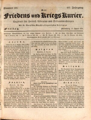 Der Friedens- u. Kriegs-Kurier (Nürnberger Friedens- und Kriegs-Kurier) Freitag 15. April 1831
