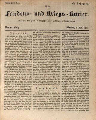 Der Friedens- u. Kriegs-Kurier (Nürnberger Friedens- und Kriegs-Kurier) Donnerstag 9. November 1837